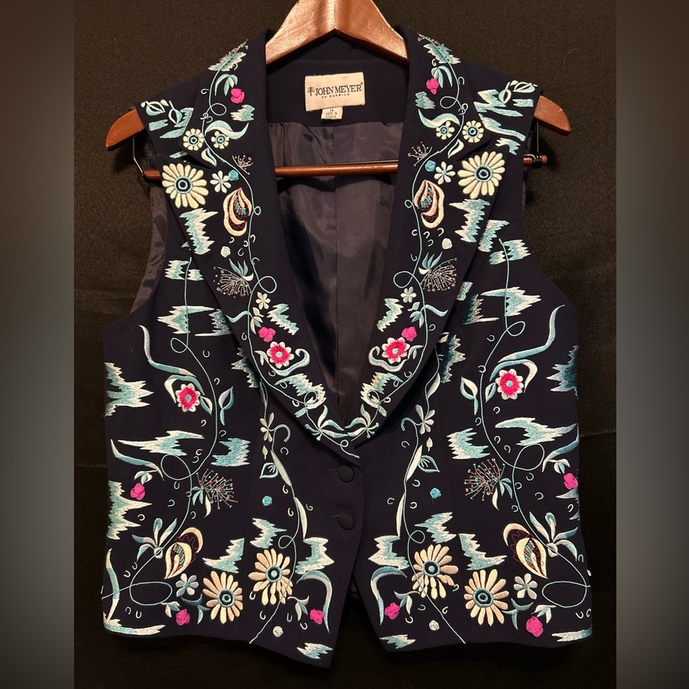 Vintage JOHN MEYER Embroidered Button Vest Sz 14 Navy Blue Floral Lined EUC